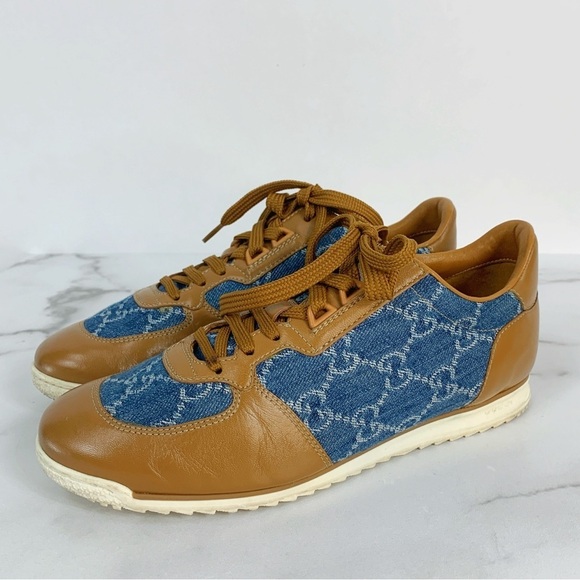 GUCCI GG Denim Monogram Cognac Calfskin Leather Sneakers 38.5 - Picture 5 of 15